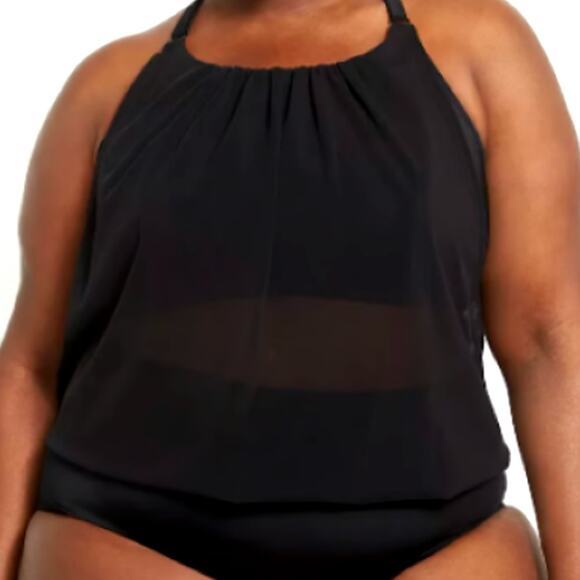 CACIQUE size 24 Mesh Blouson Swim Bra Tankini Top Dress Black White Sheer Sexy‎ - Picture 1 of 8